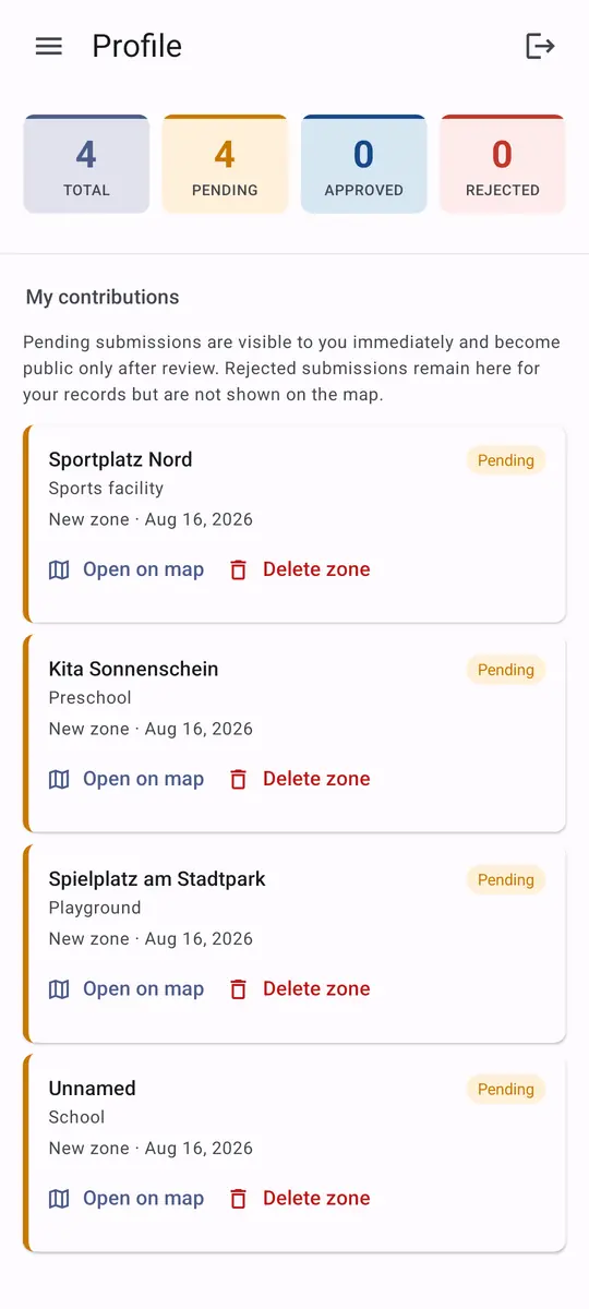Verbotszonen App: My contributions screen with status tiles for total, pending, approved and rejected