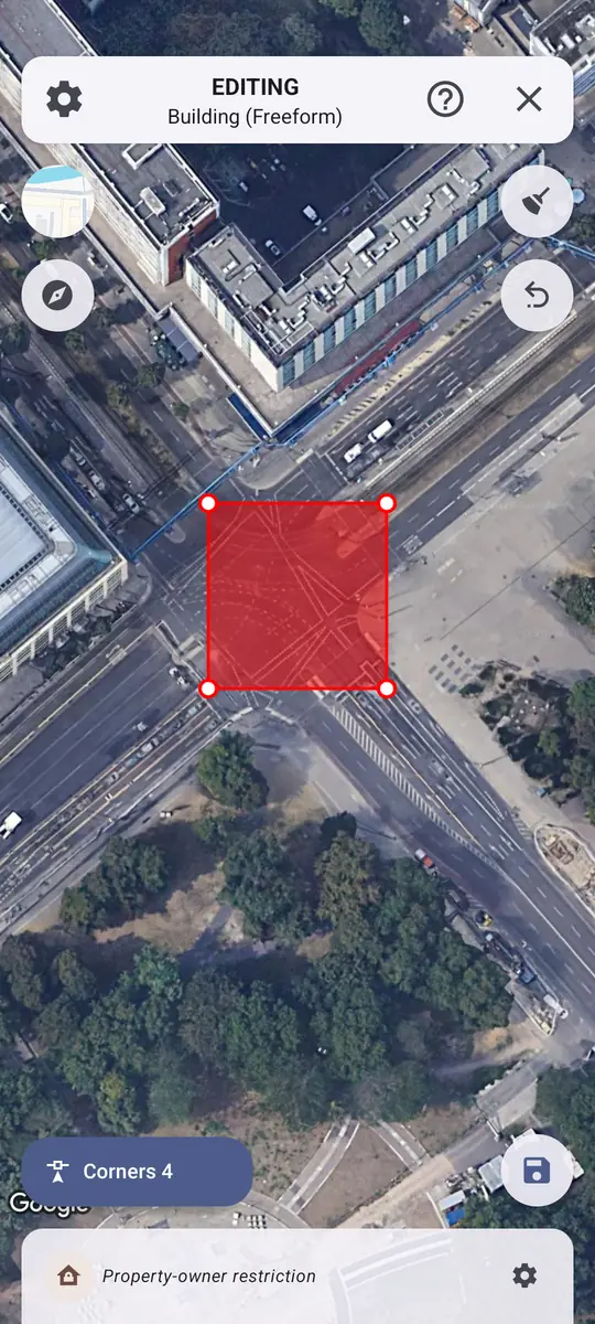 Verbotszonen App: map editor with a building drawn as a freeform shape on the satellite map, corners and entrances marked