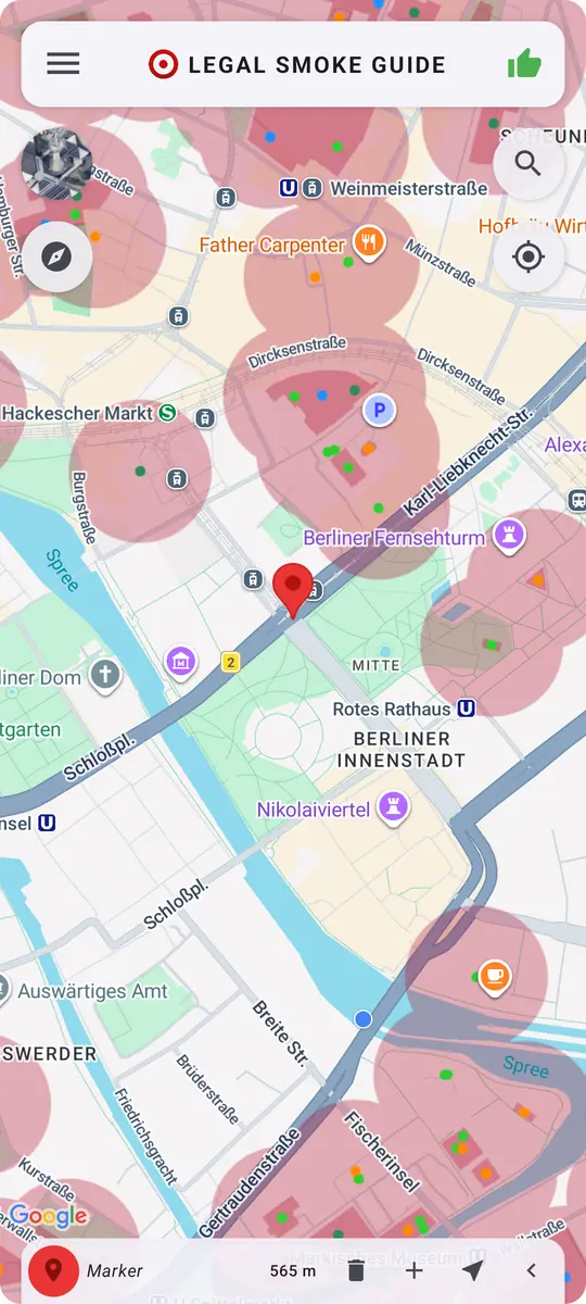 Verbotszonen App: map with a marker set in central Berlin; the footer shows a distance of 565 meters