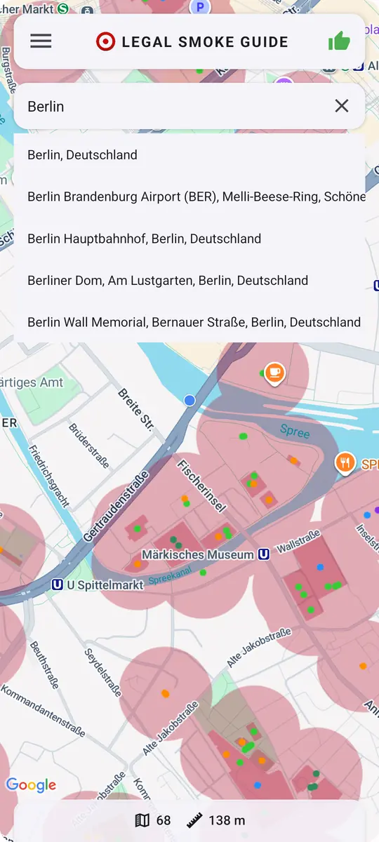 Verbotszonen App: place search with the suggestion list for the query “Berlin”