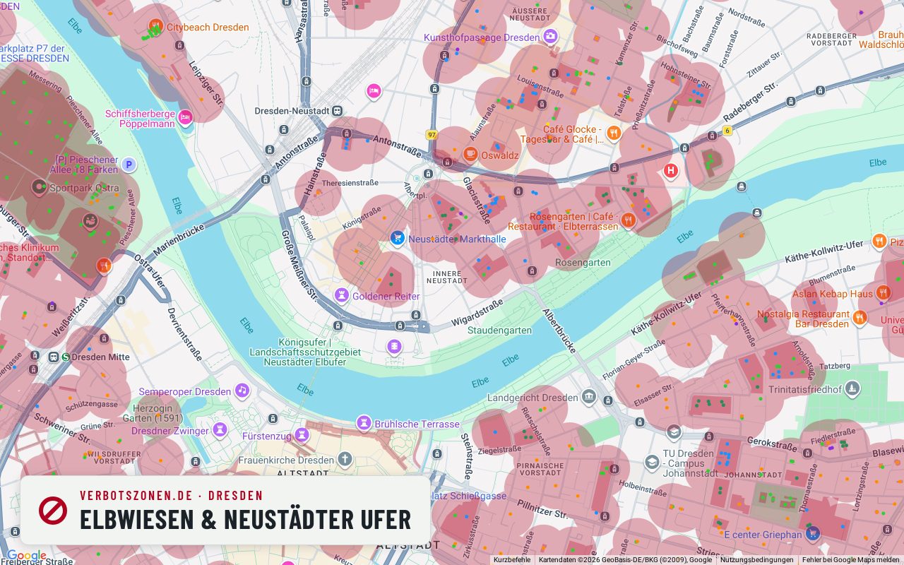 Bubatzkarte Dresden: cannabis no-consumption zones around Elbe meadows & Neustadt bank