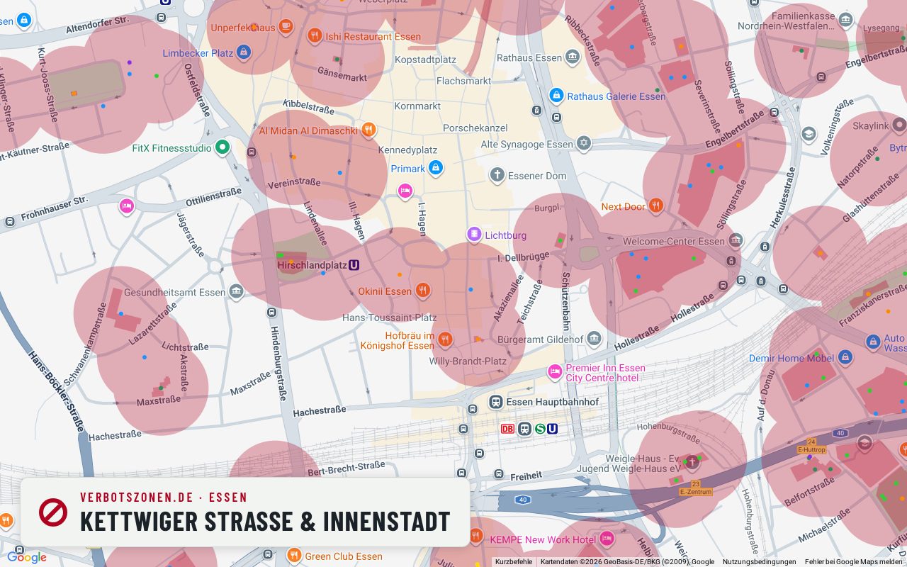 Bubatzkarte Essen: cannabis no-consumption zones around Kettwiger Straße & city centre