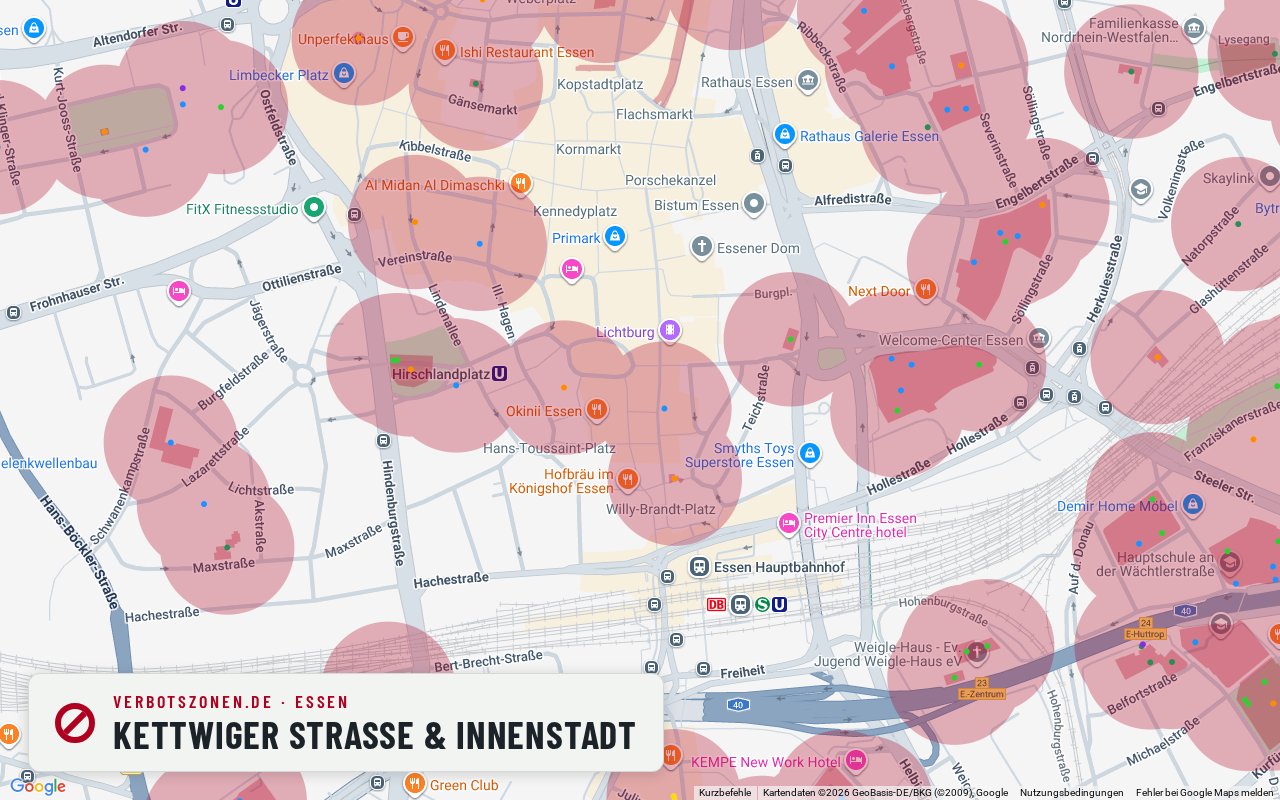 Bubatzkarte Essen: cannabis no-consumption zones around Kettwiger Straße & city centre