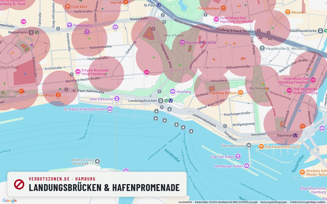 Bubatzkarte Hamburg: cannabis no-consumption zones around Landungsbrücken & harbour promenade