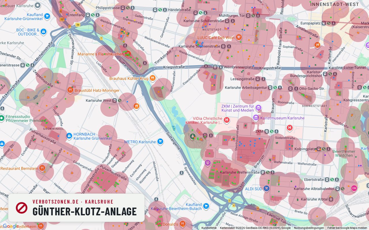Bubatzkarte Karlsruhe: cannabis no-consumption zones around Günther-Klotz-Anlage