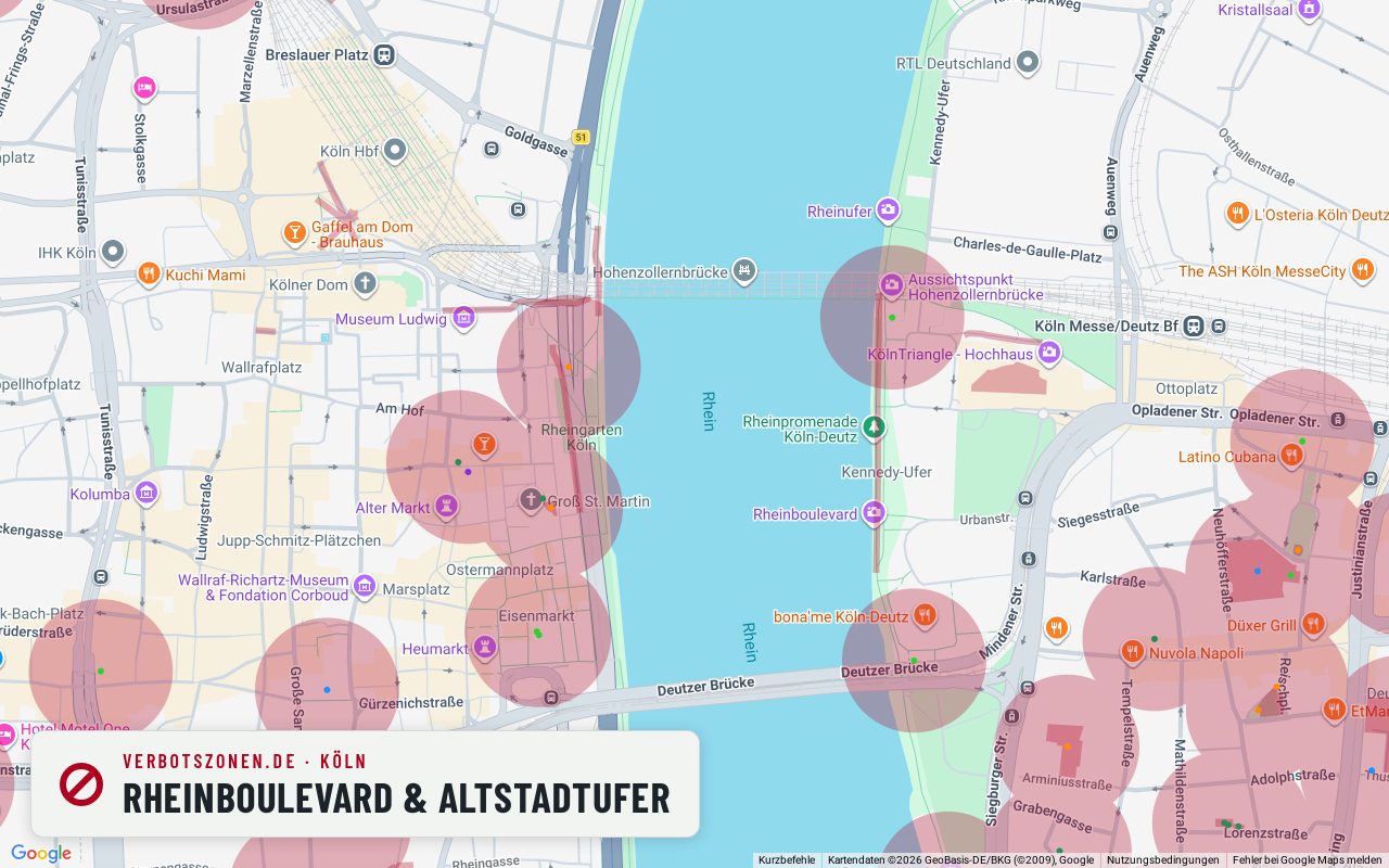 Bubatzkarte Cologne: cannabis no-consumption zones around Rheinboulevard & old-town riverbank