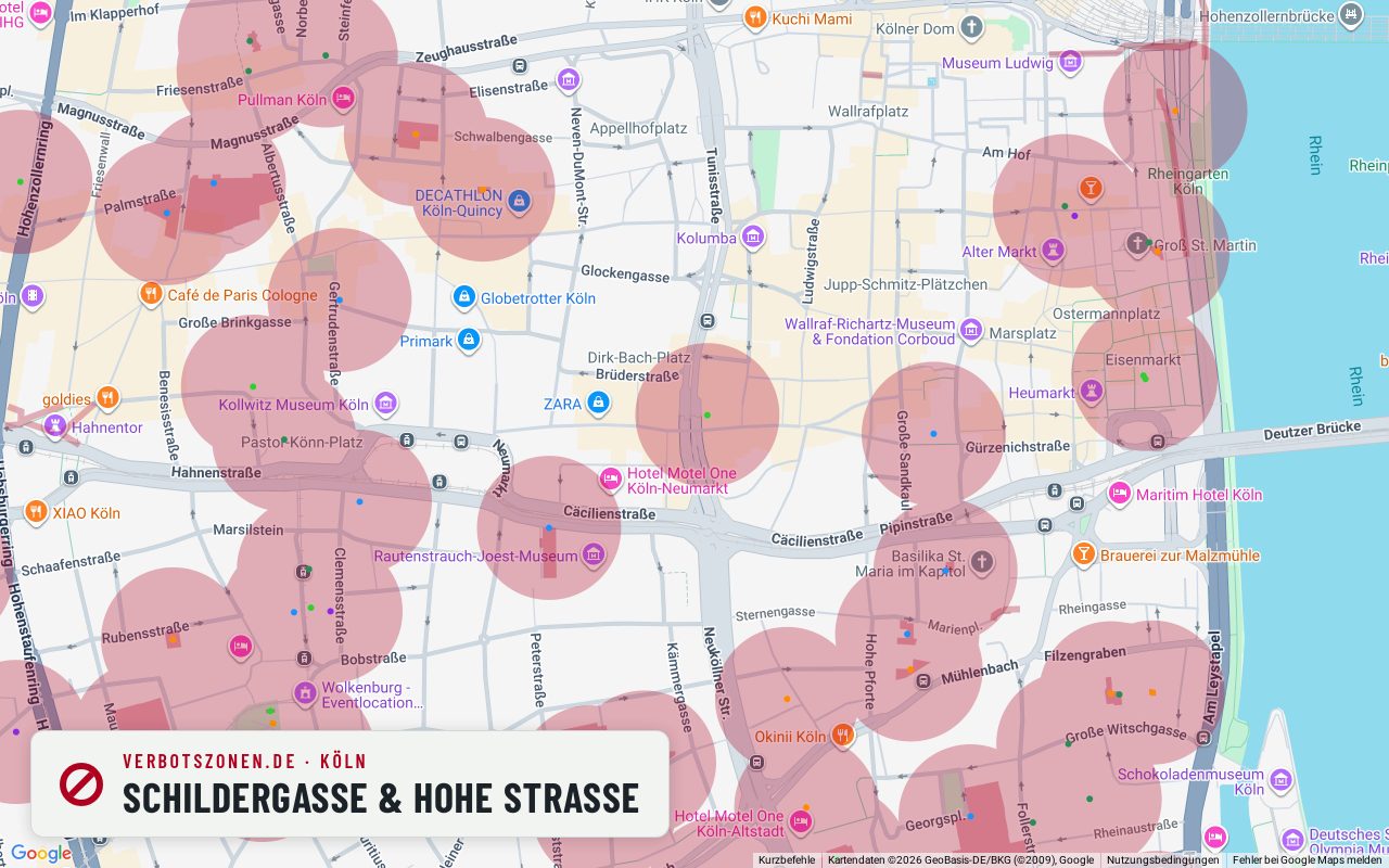 Bubatzkarte Cologne: cannabis no-consumption zones around Schildergasse & Hohe Straße