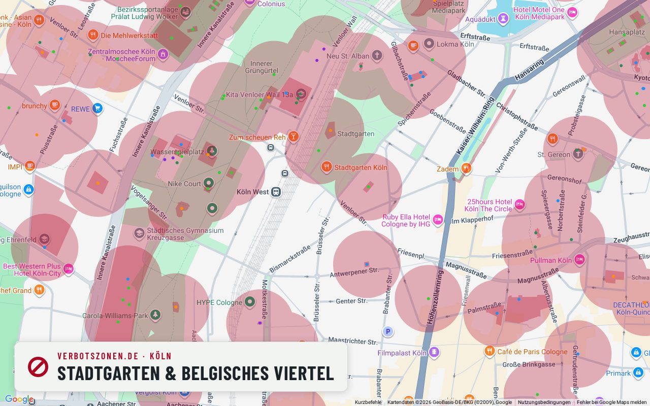 Bubatzkarte Cologne: cannabis no-consumption zones around Stadtgarten & Belgian Quarter