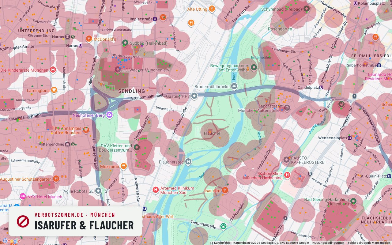 Bubatzkarte Munich: cannabis no-consumption zones around Isar riverbank & Flaucher