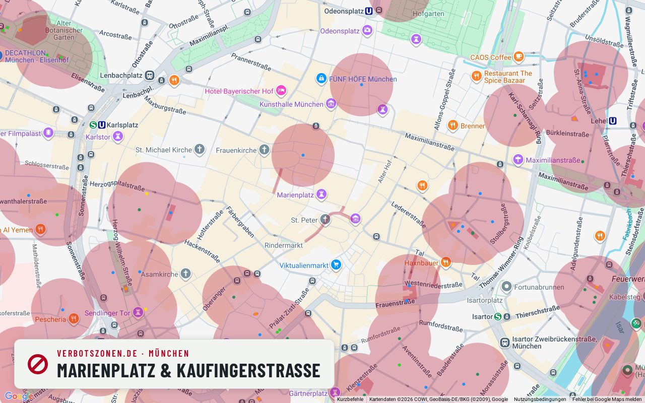 Bubatzkarte Munich: cannabis no-consumption zones around Marienplatz & Kaufingerstraße