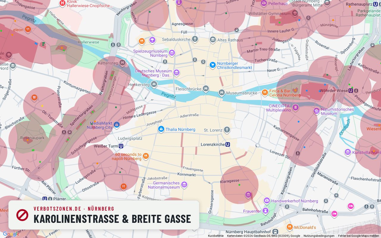 Bubatzkarte Nuremberg: cannabis no-consumption zones around Karolinenstraße & Breite Gasse